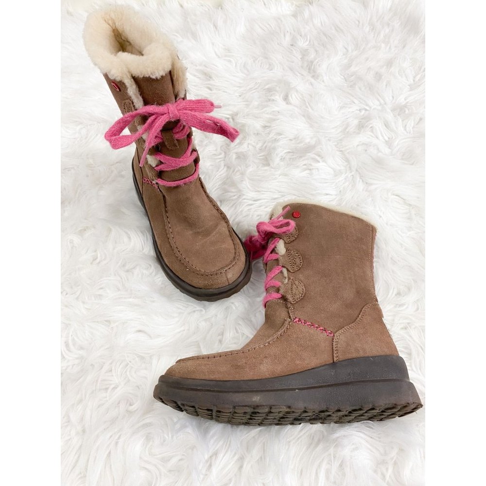 UGG I Heart Lacy Brown Pink Lace Up Sherpa Lining Short Boots Mini Wedge Youth 3